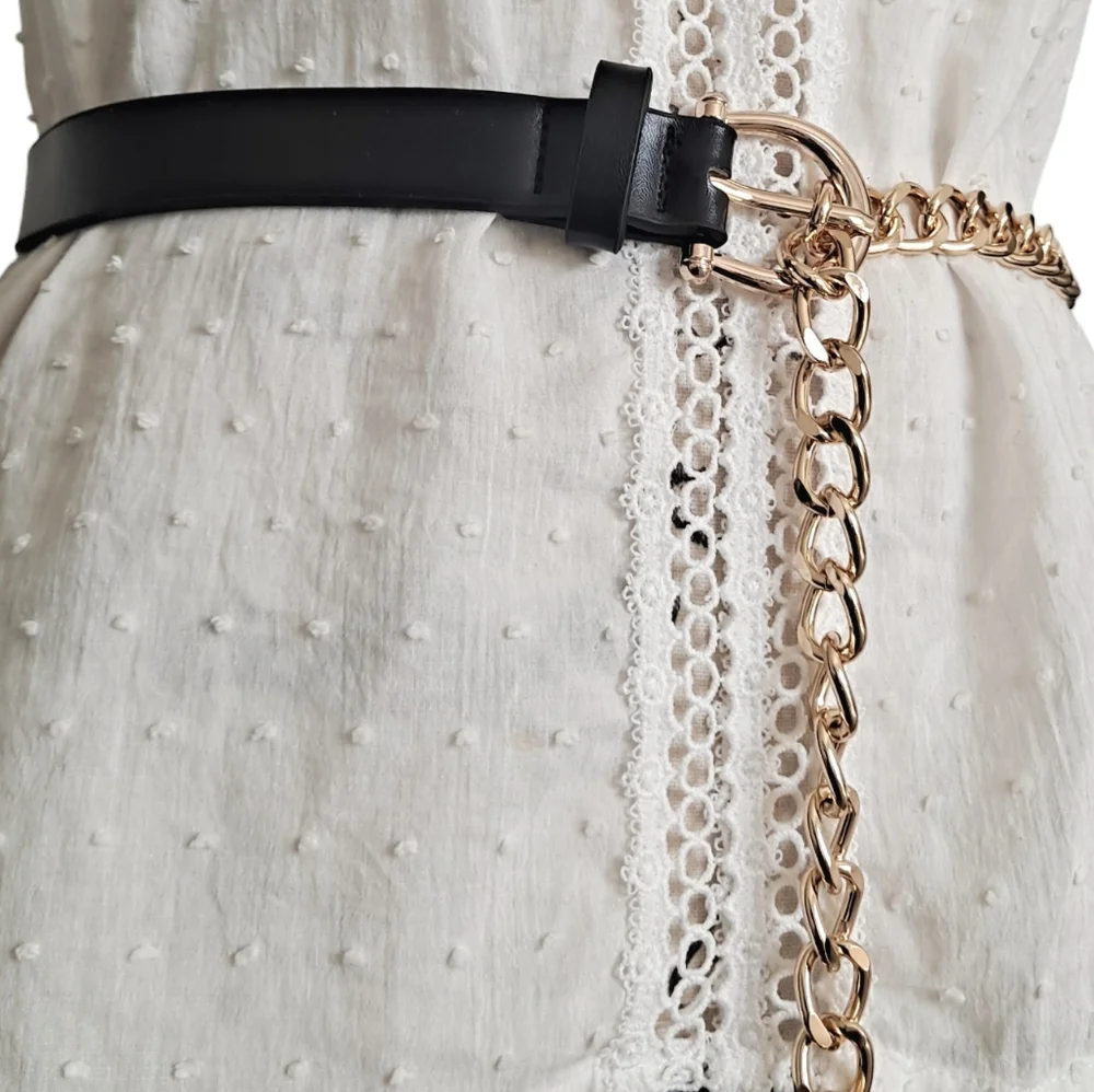 Womens edgy black Faux leather Y2K metal gold chain waist punk rock dress belt - Picture 10 of 17